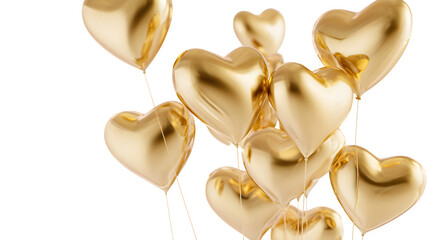 Golden heart-shaped balloons against black isolated on transparent background