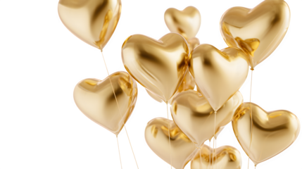 Golden heart-shaped balloons against black isolated on transparent background