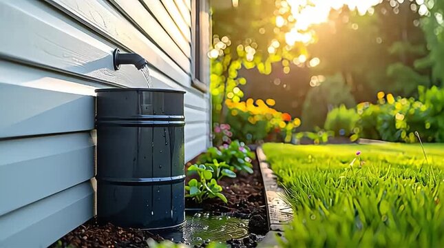 A rain barrel system efficiently collects water from a downspout next to a house, promoting water conservation in a sunny, green garden.