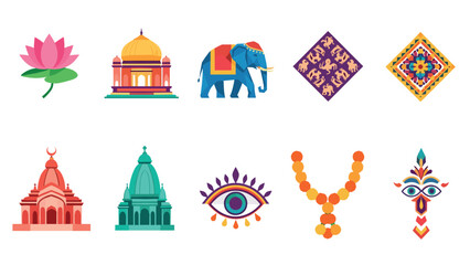 Colorful indian culture elements: lotus, architecture, elephant, patterns, and symbols