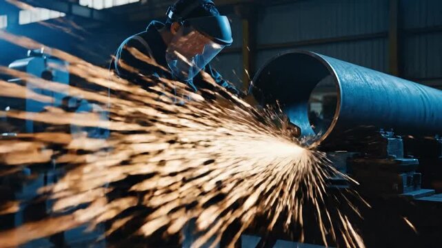 industrial workshop at night worker using angle grinder on large steel pipes bright sparks bursting in all directions slow motion cinematic contrast warm orange sparks cool blue lighting professional 