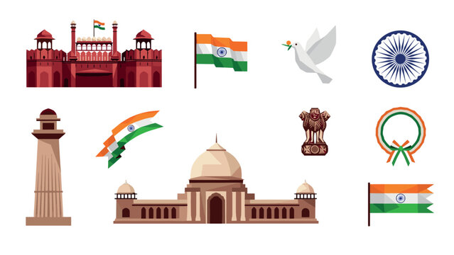 Indian symbols: red fort, lotus temple, national flag, and more icon set