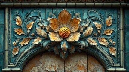 Close-up of a flower relief with ornate leaves set on an aquamarine surface.