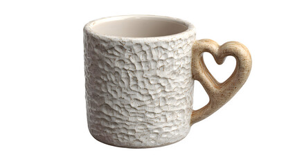 Textured ceramic mug with heart handle isolated on transparent background
