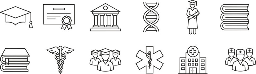 Fototapeta premium Education and medical icons set featuring graduation cap, university building, dna helix, diploma, hospital, medical staff, books, and science research.Education 