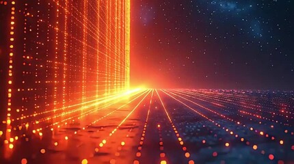 A dynamic abstract digital grid with vibrant orange and red glowing lines extends endlessly into a dark, starry cosmic background. - Powered by Adobe
