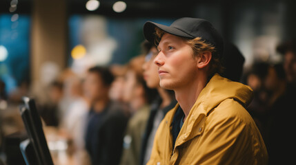 An individual standing in a long line at a coffee shop, visibly frustrated, showcasing the added layer of commuting stress that comes with a morning caffeine fix before work in a bustling city.