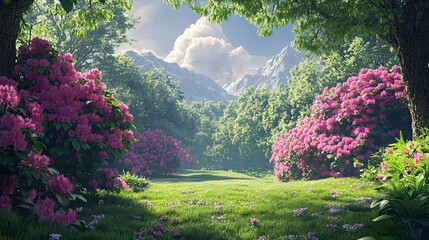 Lush green meadow with blooming pink flowers and distant mountains.