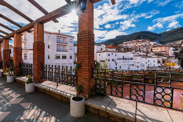 Riverside viewpoint in La Puerta de Segura, with views of the village and surrounding mountains, Ja&eacute;n, Spain.