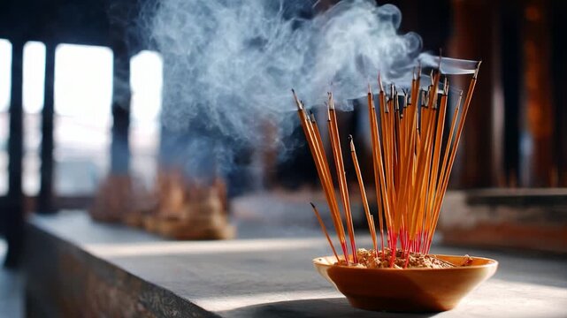 A serene display of incense sticks emitting wisps of smoke, set against a tranquil background, capturing the essence of meditation and spirituality in the atmosphere.