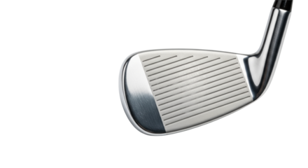 macro shot of a sleek golf club iron head in polished chrome and brushed steel, displaying sharp cnc milled grooves, isolated on a transparent background with copy space. concept of precision
