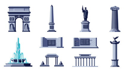 Collection of iconic monuments and structures in simplistic flat design