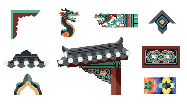 Traditional korean architecture elements with colorful geometric patterns
