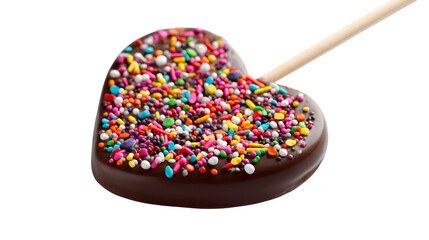 Chocolate heart with colorful sprinkles isolated on transparent background