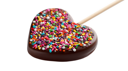 Chocolate heart with colorful sprinkles isolated on transparent background