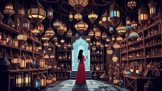 Mystical lantern bazaar: a woman in a red dress amidst vibrant hanging lanterns