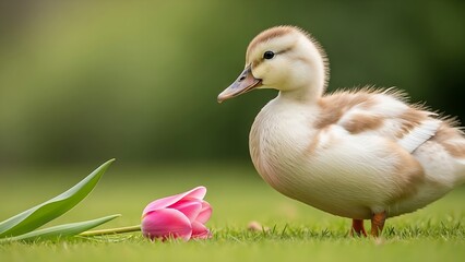 Obraz premium Adorable duckling curiously observing a pink tulip on fresh green grass.