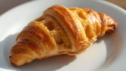 A Close-Up View of a Golden, Flaky Croissant on a White Plate, Evoking Warmth and Culinary Delight