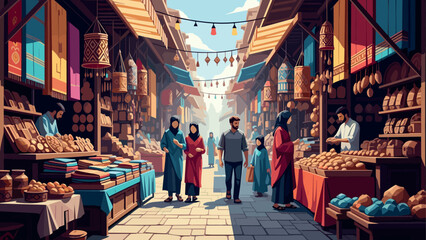 Obraz premium Experience the vibrant atmosphere of a bustling middle eastern market in daylight