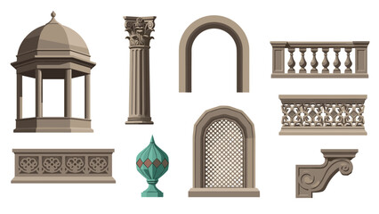 Classical architectural elements in flat design: columns, arches, and balustrades