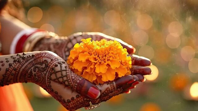 Close-up of Indian Woman&rsquo;s Hands with Traditional Mehndi Henna Holding a Marigold.