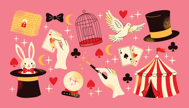Magic show objects set rabbit in hat, playing cards, magician hands, wand, dove, circus tent, birdcage, chest and top hat on background. Flat illustration design magic performance and illusion concept