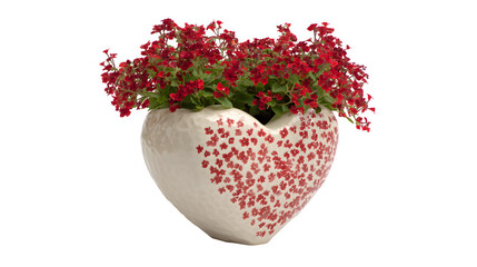 Heart-shaped planter with red flowers isolated on transparent background