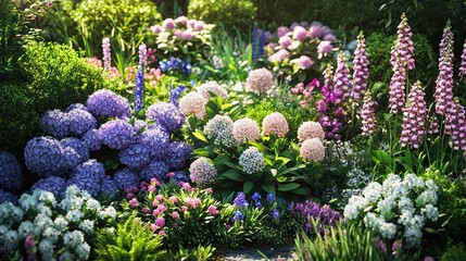 A vibrant garden filled with colorful blooming flowers and lush greenery.