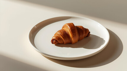  A Golden-Brown Croissant on a White Plate: A Delightful Culinary Treat Captured in Elegant Lighting