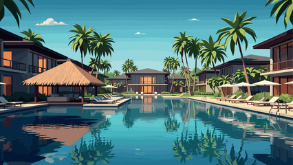 Obraz premium Luxurious tropical resort with palm trees and reflection in pool