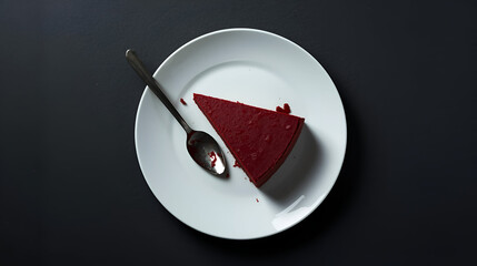  A Singular Slice: Capturing the Elegance of a Red Velvet Cake on a White Plate, Paired with a Spoon, Against a Dark Backdrop.