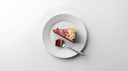  A Delicious Slice of Red Velvet Cake on a White Plate, with a Bite on a Fork, Minimalist Food Photography
