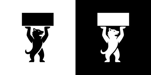 Minimalist Black and White Illustration of a Strong Bear Holding a Placard, Perfect for Logo and Emblem Concepts and Brand Identity