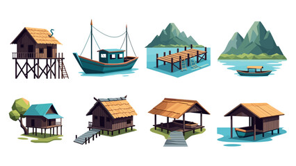 Obraz premium Rustic coastal retreats: a collection of charming seaside cabins and boats