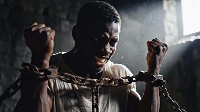 A distressed gent grips heavy chains in a dark, moist room, face twisted, eyes shut tight, in agony