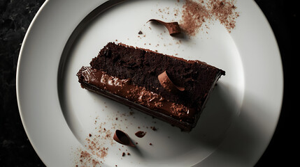 Decadent Chocolate Layer Cake on a White Plate: A Close-Up Look at a Deliciously Rich Dessert with Cocoa Dusting and Dark Background