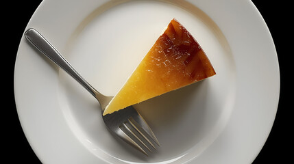 A Delicious Slice of Golden Cheesecake on a White Plate with a Silver Fork, Ready to Enjoy
