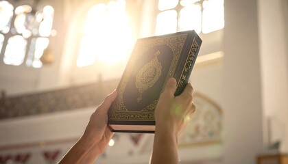 Hands Holding Bible in Church with Sunlight Streaming Through.