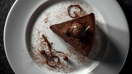 Exquisite Chocolate Decadence: A Close-Up of a Luxurious Chocolate Cake Slice on a White Plate, Garnished with Chocolate Shavings and a Truffle, Showcasing Culinary Artistry and Dessert Perfection.