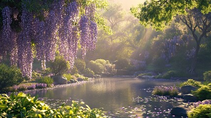 Serene forest stream with blooming wisteria and sunbeams.