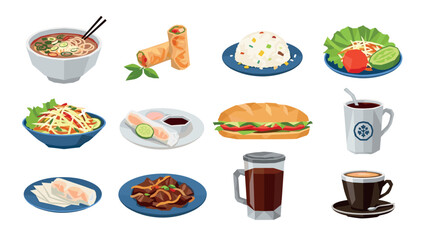 Colorful flat design asian and western food dishes on white background