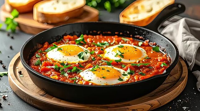 A sizzling cast iron pan presents three perfectly cooked fried eggs nestled in a vibrant tomato sauce, garnished with fresh herbs and served with crusty bread.