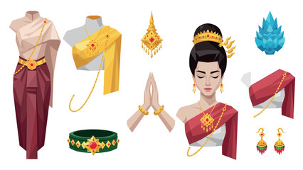 Traditional thai elements with cultural attire and jewelry in geometric flat design