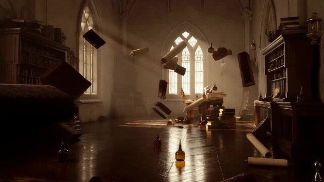 Mysterious old library with antique books and parchment scrolls levitating in a sun-drenched, grand hall.
