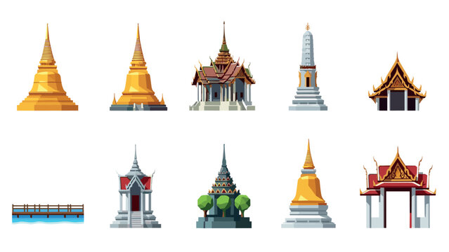 Traditional thai architecture icons featuring pagodas and temples