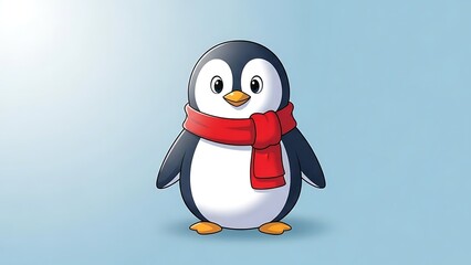 Naklejka premium Cute cartoon penguin wearing a red scarf, a charming illustration of a friendly penguin character for winter and holiday themes