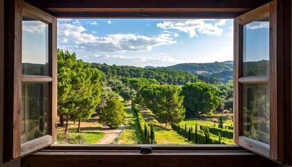Open window view of a lush green landscape in Tuscany. © dani