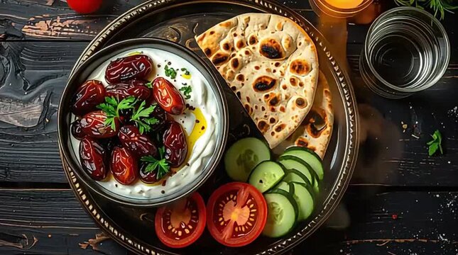 A delectable Middle Eastern meal featuring dates in sauce, fluffy naan bread, fresh vegetables, and water on a dark table.