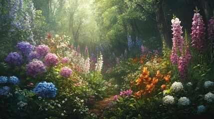 Lush wildflower garden path bathed in sunlight, vibrant blooms.