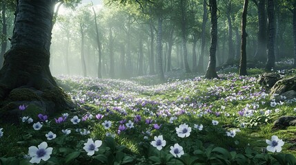 Lush forest floor covered in wildflowers during springtime.